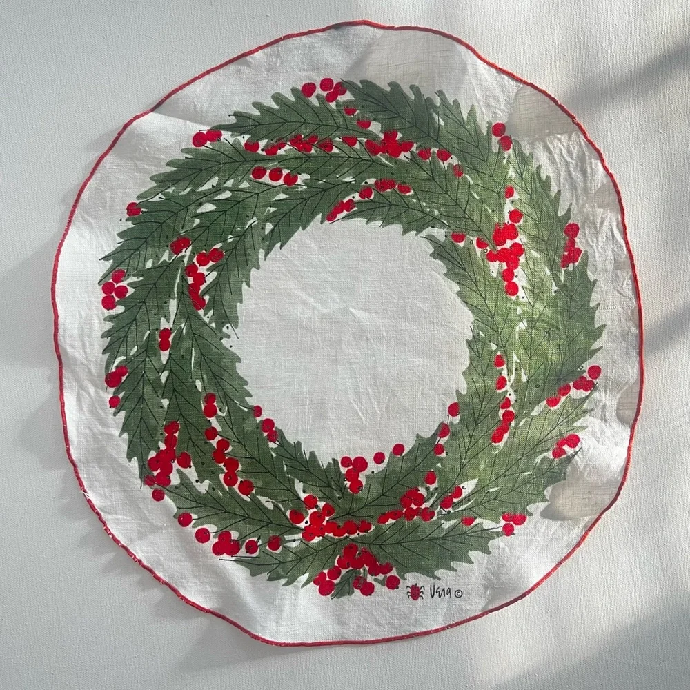 Vintage Vera Neumann Holly Wreath Christmas Linen Decor